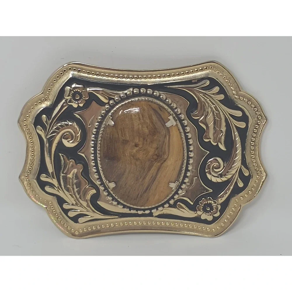Vintage Western Belt Buckle Two Tone Gold Black Wood-Grain Cabochon Inlay